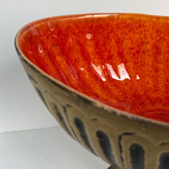 VTG 70s Pedestal Pottery Compote Orange Drip Glaze MCM Matte Gold Bowl Scarce - Picture 7 of 9